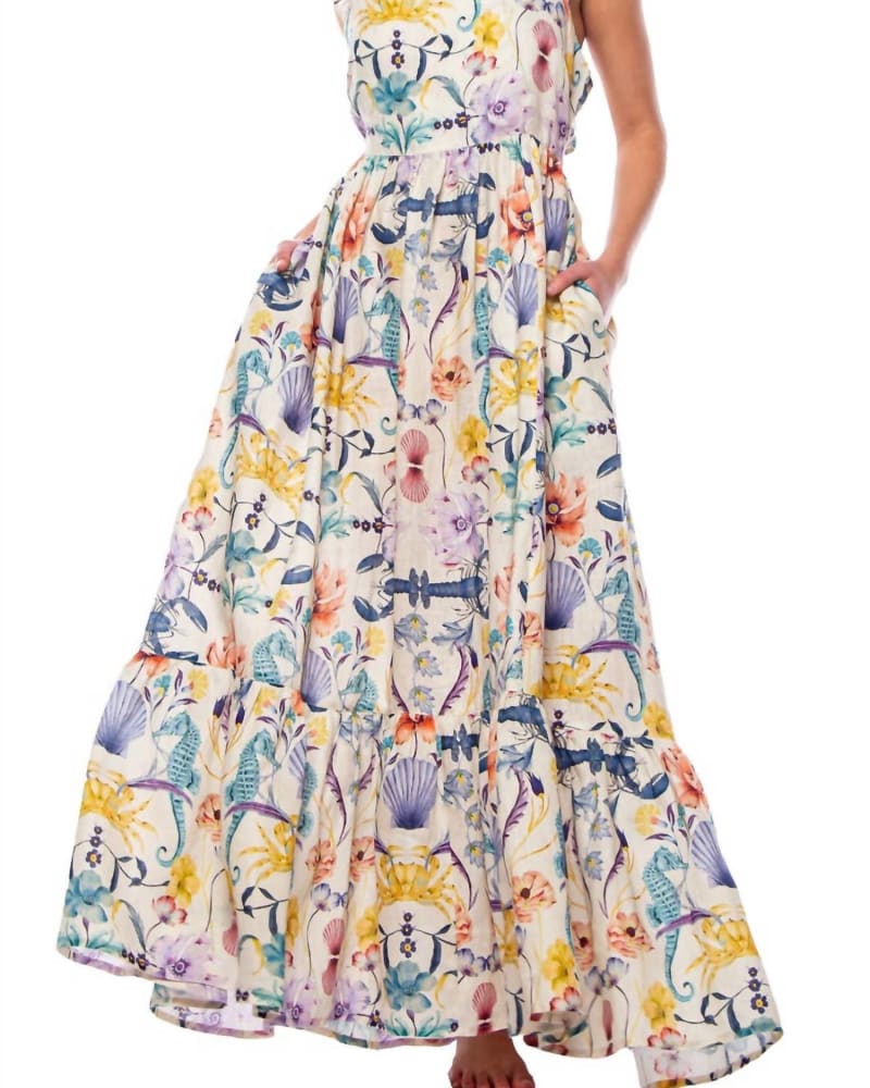 Front of a model wearing a size L Mika Cotton Maxi Dress In Seahorses & Friend in Seahorses & Friend by The Lazy Poet. | dia_product_style_image_id:346476